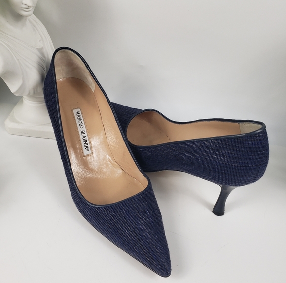 Manolo Blahnik Navy Blue Weave Embossed Pump High Heel sz EU 39 / US 8.5 - Picture 3 of 11